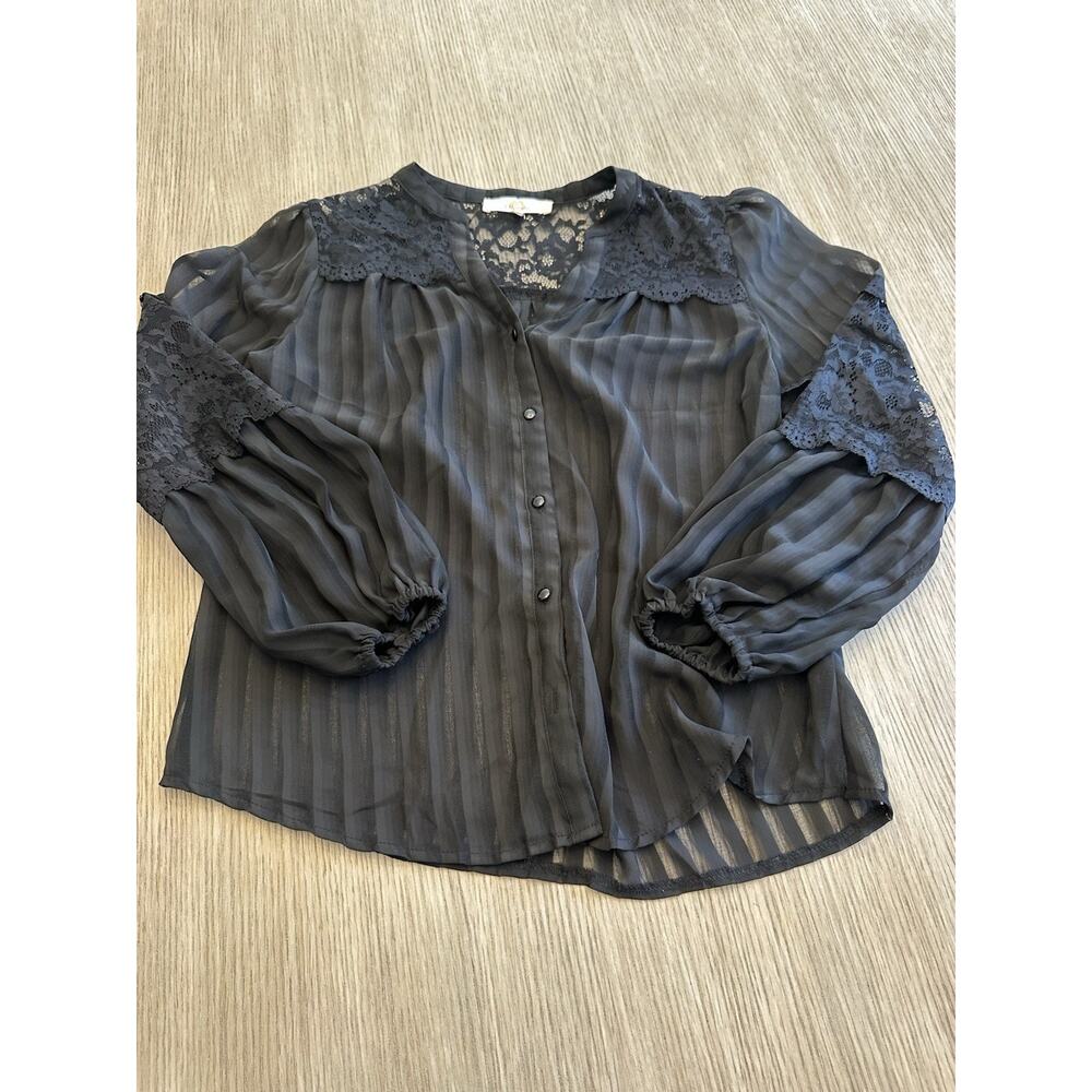 Black Lace Sheer Blouse Women M Boho Whimsy Goth Dark Fairy Romantic Long Sleeve